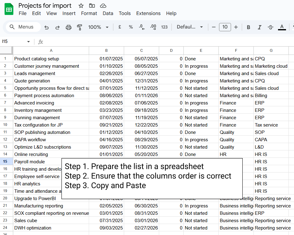 Project list in a spreadsheet